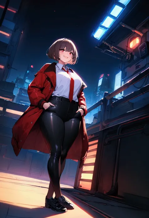 Very Tall Anime adult Girl (about 175 cm in height) in a cyberpunk background rooftop in the night with a happy smile,  happy, red eyes, a little messy brownish trimmed bob cut hair, red jacket, white shirt and a poorly fastened red tie, black pants and bl...