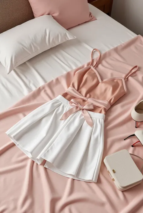 Ultra realistic Picture of a beautyful outfit with a pink satin spaghettistraptop, short white pleated skirt, Satinribbonbelt, heels and a purse. The clothes lay ond the bed ready for wearing. 