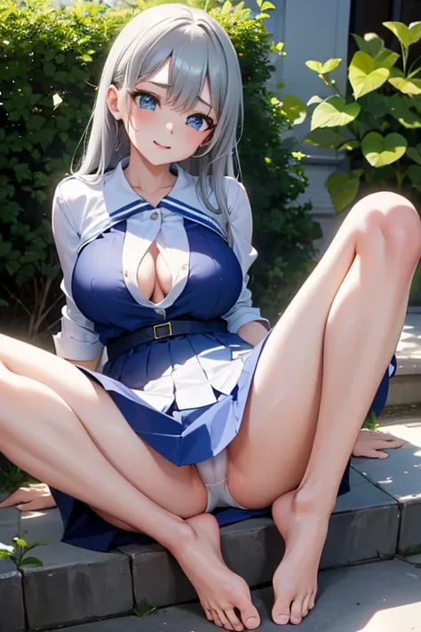 1 college girl,  short stature,  big breasts,  long hair ,  silver hair, barefoot, blue skirt, wet t-shirt ,  white underwear ,  open legs, mocking and provocative expression