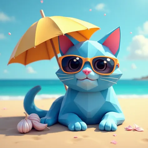 A BLUE GEOMETRIC CAT THAT WEARS SMOKY GLASSES BY THE SEA, LYING UNDER AN UMBRELLA AND SUNBATHING, WHILE HIS DIGITAL CURRENCY BLC IS BEING BOUGHT AND SOLD AND HE HAS SAUDI GARLIC.