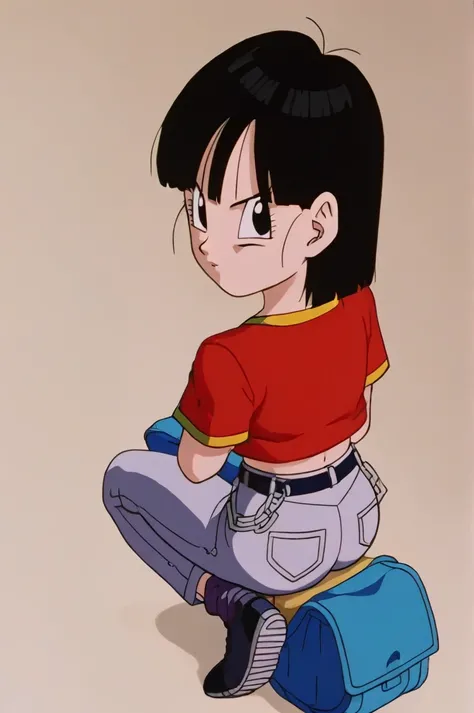 source_ animated,  score_9,  score_8_above,  score_7_above,  animated screencap,8K,  absurd resolution,
Pan (Dragon Ball),  a girl, alone,  Looking at the viewer,  short hair, successes, black fur,  session,  Full body , blue bag,  black eyes,  arms crosse...