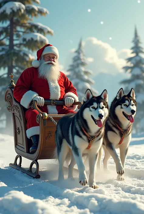 Santa Claus in a sleigh with huskies in front of it