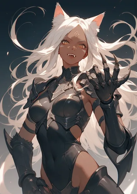 score_9, score_8_up, score_7_up, (solo), 1girl, dark skin, white hair, ((pose)), medium breasts,, ((hands)), claws, cat ears, fangs, fur, sexy, armor 
