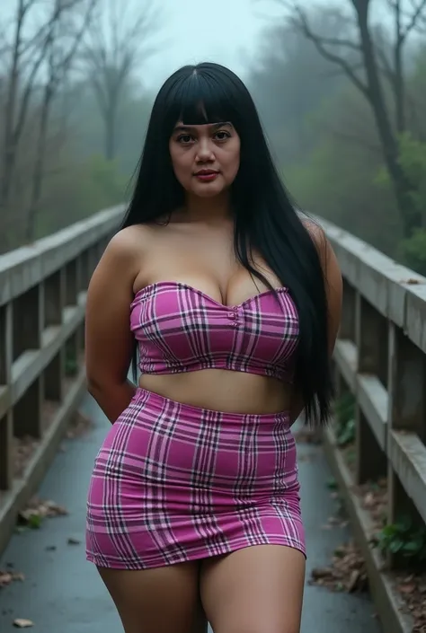 A bitch with a very fat bbw body (naked breasts) in the middle of a dilapidated bridge, ((GOTH GIRL PURPLE LIPS)). ((Pink Plaid Croptank)), Close up image,  hands behind back , wear a very short mini skirt,  both hands lying behind back. REBONDING STRAIGHT...