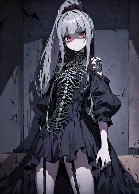 masterpiece, best quality, 1girl, solo, looking at viewer, shalltear, grey hair, long hair, ponytail, pale skin, skeleton dress, black dress, long sleeves, shoulder cutout, skin tight, horror (theme), indoors, hallway, dark, shadow, cracked wall, tiles, ni...