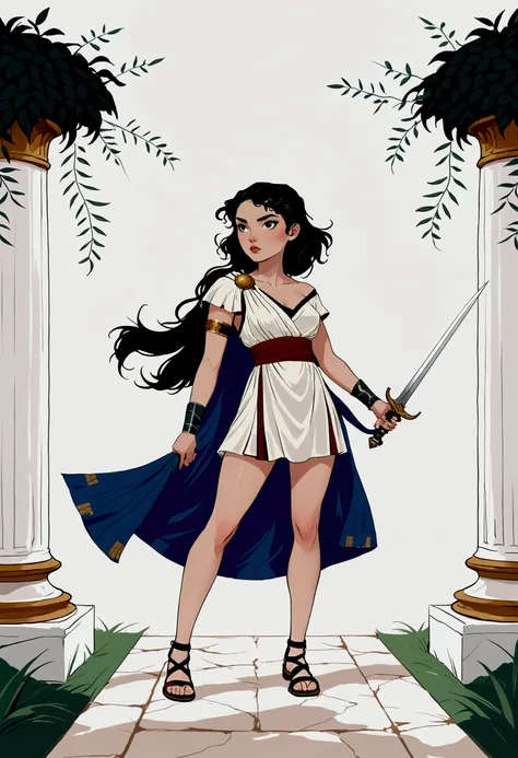 Black haired girl, long black hairs, wearing a short roman dress, wearing a short toga, long legs, beautiful legs, roman style sandals, bare feet, slender girl, big boobs, long curly black hairs, long hairs, curly black hairs, porcelain skin, warrior girl ...