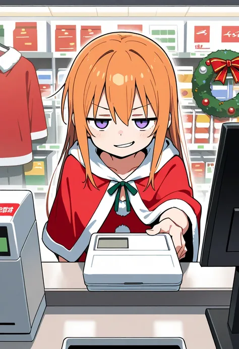 Santa girl working at a cash register at a convenience store, Santa Dress, Santa poncho,Christmas decorations, flat chest, jitome, smirk