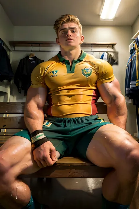 ((Kit Connor)), actor, ((masterpiece)), ((best quality)), ((perfect anatomically)), ((high detailed)), 1 person, whole body, 18 year-old male, ((blond medium hair)), ((rugby player)), ((wearing rugby uniform shirt and shorts)), ((())), (sweat:1.3), in a fi...