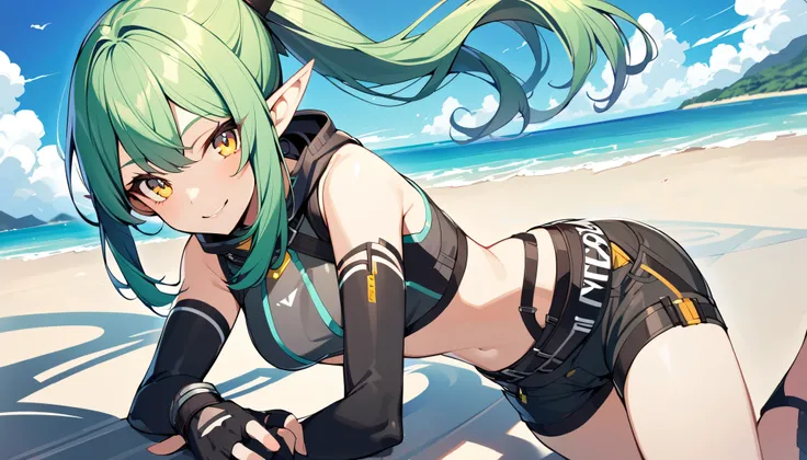 1 girl, smiling, solo, long hair, looking at viewer, bangs, gloves, yellow eyes, ponytail, green hair, shorts, pointy ears, black gloves, elbow gloves, fingerless gloves, crop top, beach in the background