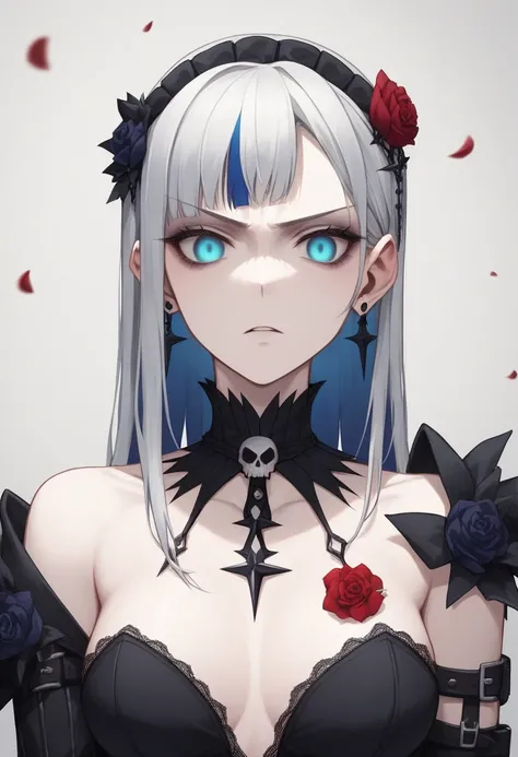 A young woman, She possesses bright blue eyes, a serious expression, and a slender build. Her long, styled white hair is pulled back, adorned with a dark floral hairpiece featuring dark red blossoms. She wears a black, low-cut top featuring intricate lace ...