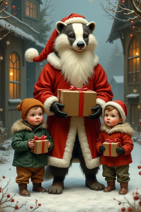 A badger dressed like Santa Claus that brings Christmas gifts to two young boys, painted in vintage style 