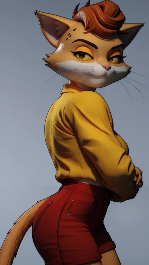 (zPDXL2), (PonyXLV6_Scores), Expressiveh, full body shot, BREAK
lhata4564, d3t41l3d, 
a cartoon cat with a yellow shirt and red shorts, a low poly render by Android Jones, trending on polycount, furry art, thicc, 3 d animated, 3d animated, character posing...