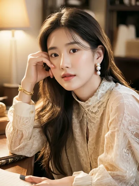  photo realistic,highres,4K, A graceful woman with features inspired by IU and Liu Yifei, sitting elegantly at a writers desk.  She is sitting  at a cozy little café. Shes got a soft smile, maybe resting her chin on her hand. The background is warm and sof...