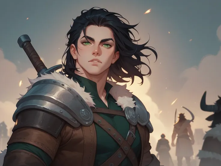 boy, Green eyes, medium hair , Black hair, viking, dark outfit