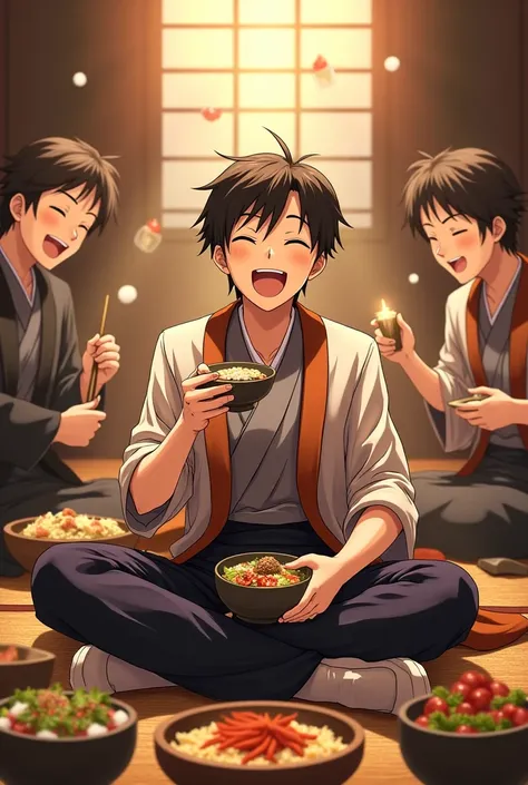 Okita Souji at a lively Shinsengumi feast, sitting cross-legged with a bowl of sake in hand, laughing heartily. Around him, other Shinsengumi members are enjoying food and drinks in a warmly lit traditional tatami room."