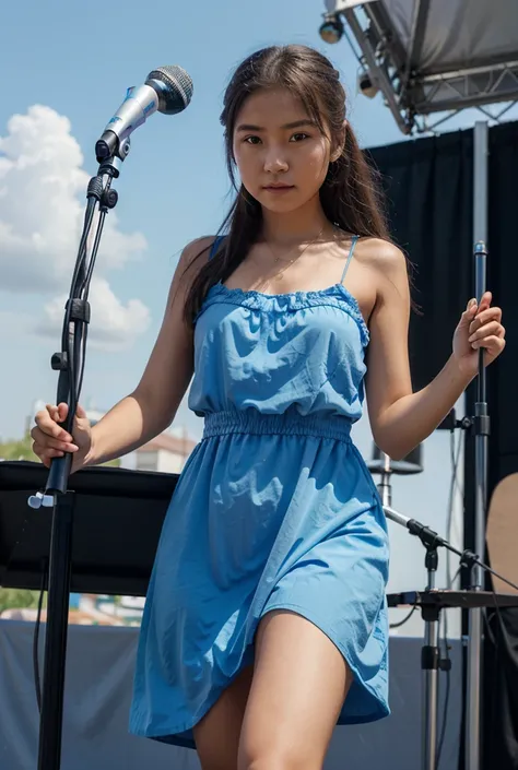 A portrait of the young girl from Kalmykia in a long summer blue dress in front of a microphone stand with Shure mic in her hands on the summer stage in the street