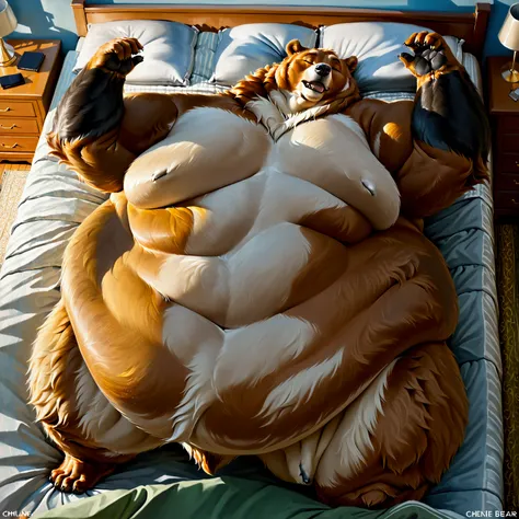 Single one-headed Very Extremely Morbidly-Obese Grizzly Bear standing on two legs with unbelievably Very very very Extremely Massive Overhang white Belly, massive belly, morning stretch, realistic proportions, lazily sleeping, belly fills whole bed. 