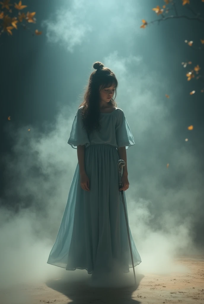 A young girl with a delicate, with melancholic beauty stands in the center of the scene, Illuminated by a soft, warm light. She is dressed in a long, a silky dress in the color of a deep ash blue, that falls smoothly to the floor, adding to her lightness a...