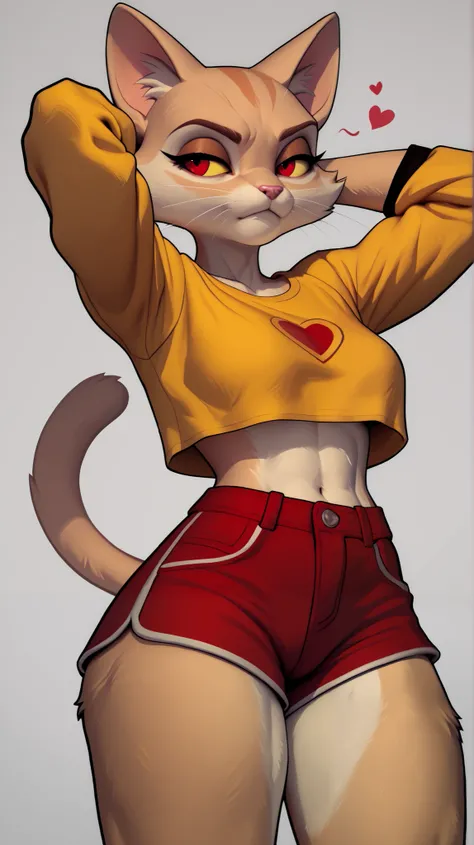 (zPDXL2), (PonyXLV6_Scores), Expressiveh, full body shot, BREAK
lhata4564, d3t41l3d, 
Furry, anthro, solo, 1girl, Juno, tan cat girl, but an orange cat at heart, kind, quirky, short tempered, crop top, booty shorts, thick thighs, curvy body, a cartoon cat ...