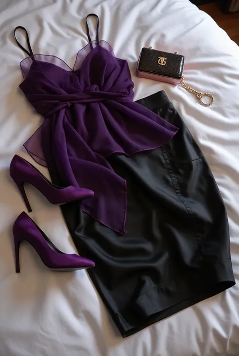 Ultra realistic Picture of a beautyful outfit with a dark purple chiffon and tüll spaghettistraptop, kneelenght black satin skirt, heels and a purse. The clothes lay ond the bed ready for wearing. 