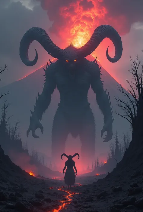 a landscape of a desolate place, in the background dry trees, a volcano with a huge fumarole, the red and violet sky, in the background stones with fire and lava, in the foreground a demon with large horns, looking towards the camera, sinister look, ultra ...