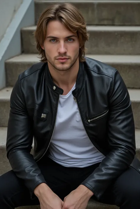 Attractive tall athletic man disheveled light brown hair black leather jacket white shirt black denim pants blue eyes sitting on the stairs 