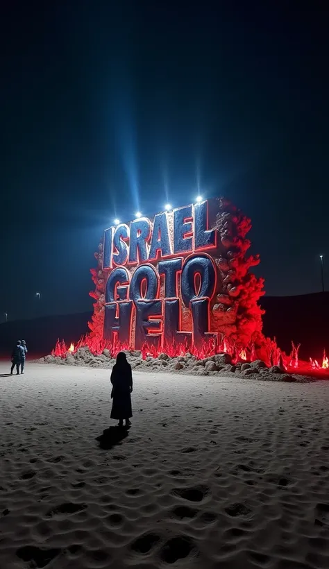 A dramatic typographic sculpture in a dessert surrounded by towering sand storm at midnight. The sculpture spells out "ISRAEL GO TO HELL" in bold, stylized lettering, blending dark blue and white hues surrounded by bold circle in a shape of hellfire in blo...