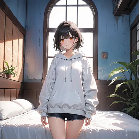 ( Perfect Anatomy), ((32K)), (( top quality )), ((超 high res)), (( high res)), ((超 high res)), ((Highly detailed CG)) , One Girl 、 orange eyes .smile, black hair,short hair,( small breasts:1.5),(white oversized hoodie:1.5)、Moe sleeves、( black denim hot pan...