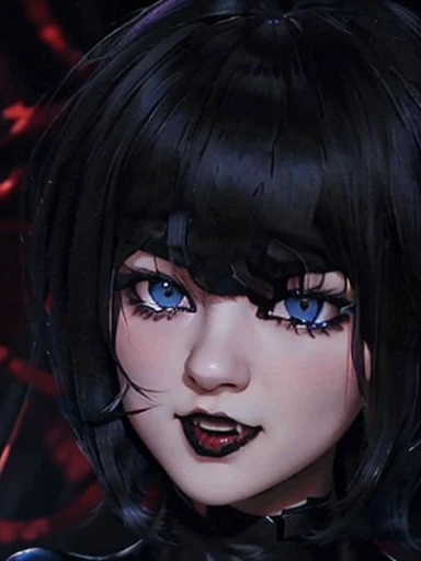  A pretty girl with short and straight black hair ,  cute face,  blue eyes and dark makeup ,  pretty girl with black hair and cut Bobcut showing vampire fangs, Mirand9 to the spectator eager to bite  