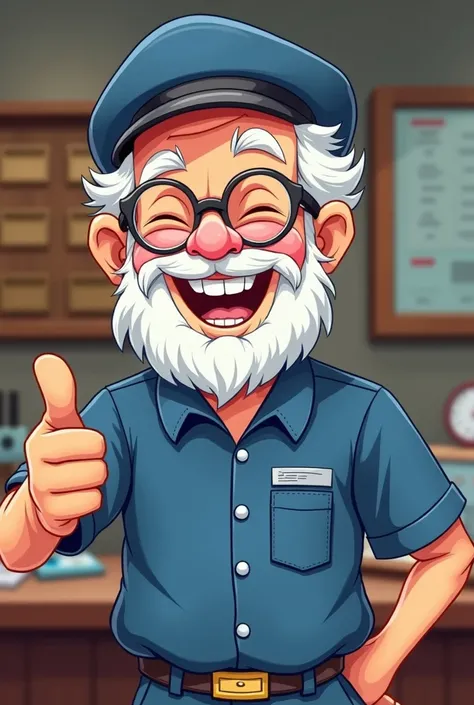 create a cartoon/pin art picture of a very happy old post office clerk, wearing blue uniform, yellow round glasses, white beard, no hat, short white hair winking and giving thumbs up