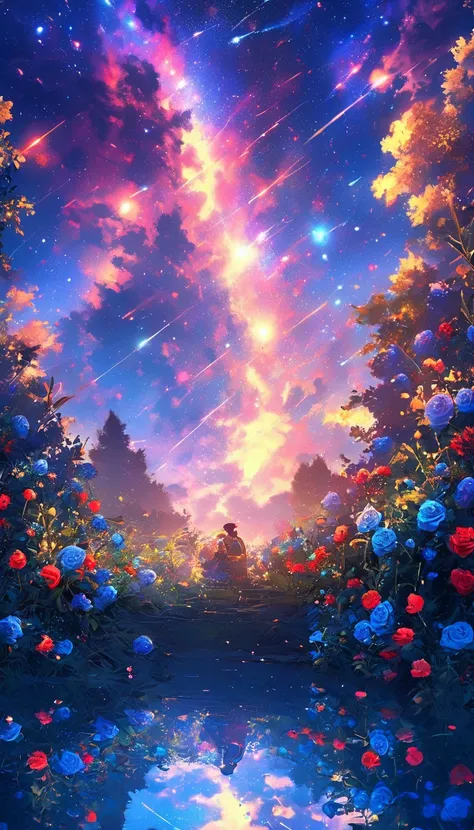 Masterpiece, Concept Art, Panorama, Wide Shot, Garden, Night , (Meteor), Space Galaxy Background, (Great Composition, Epic Scale), Dynamic Lighting, Bright Color, Blue Roses, Landscape, Sad, Casting Shadow, Anaglyph, Stereogram, Standing, Atmospheric Persp...