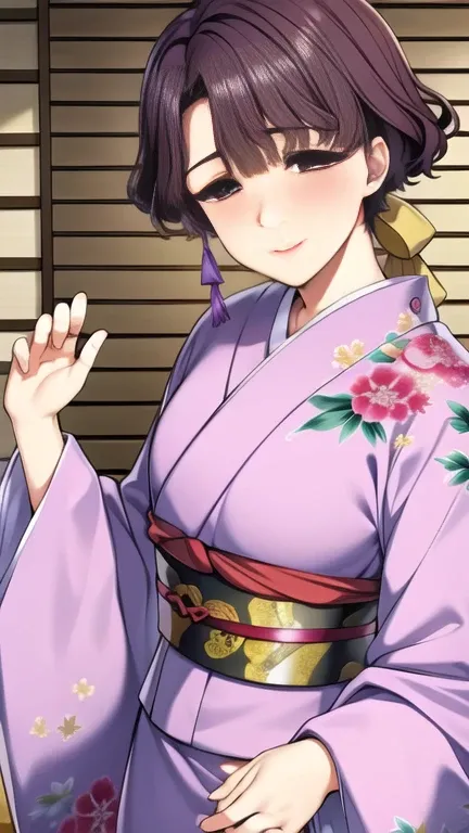  East Asian Architecture ,
yukata,  purple kimono with flower pattern,,Japanese clothing, Reiko Shingyouji Shinkyoji Reiko、 beautiful eyes、Three white eyes、Round eyes、
