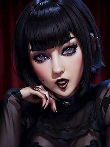  A pretty girl with short and straight black hair ,  cute face,  blue eyes and dark makeup ,  pretty girl with black hair and cut Bobcut showing vampire fangs,  looking at the spectator eager to bite , flirty and seductive face ,  Leaning over showing huge...