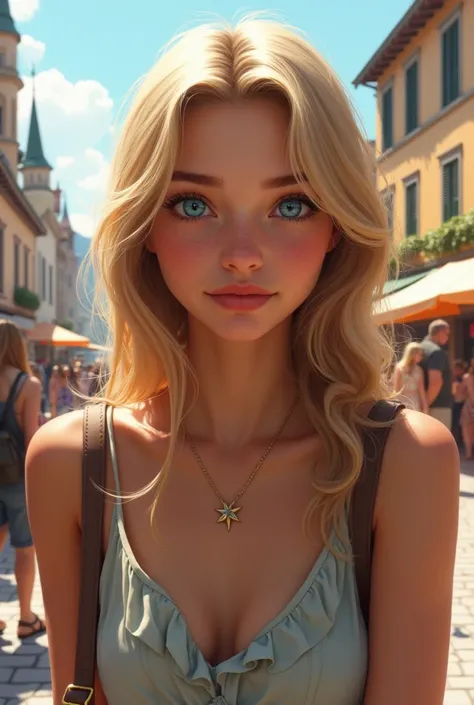 Create a beautiful 15-year-old realistic blue-eyed blond German girl in a tourist place 