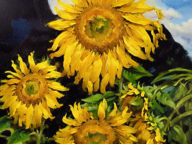 An impressionist style oil painting, beautiful representation of a flock of blackbirds flying over a field of sunflowers, wonderful work of art with soft brush strokes and a clean, polished finish, a masterpiece.