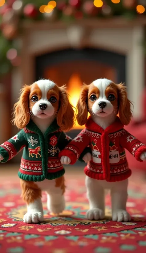 2 Mini Cavalier Kings males 3d full body furry de pé nas patas traseiras dressed in a Christmas-themed printed jacket parados um do lado do outro with arms and legs free to dance in a brightly colored living room with burning fireplace and carpet e árvore ...