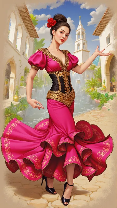 Create a captivating 16K UHD sketch of a mesmerizing flamenco breathtaking fascinating cutist one of a kind dancer, embodying elegance and charm. Picture a beautiful, enchanting woman with soft, realistic skin, gracefully posed in motion as she swirls in h...