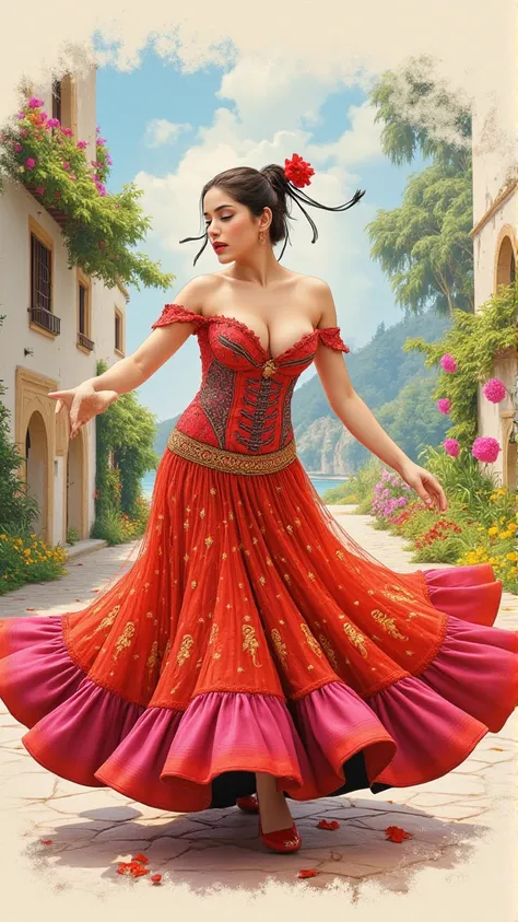 Create a captivating 16K UHD sketch of a mesmerizing flamenco breathtaking fascinating cutist one of a kind dancer, embodying elegance and charm. Picture a beautiful, enchanting woman with soft, realistic skin, gracefully posed in motion as she swirls in h...