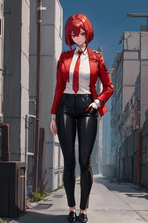 a Very Tall and pretty Anime adult Girl (about 175 cm in height) in a cyberpunk background rooftop in the night with a happy smile,  happy, light red eyes, a little messy brownish trimmed bob cut hair, red jacket, white shirt and a poorly fastened red tie,...