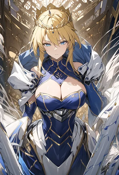  top quality 、unity 8k wallpaper、32K、masterpiece、 very detailed、 super high res、 very detailedな顔,  RAW photo,  professional touching hips,  Super Detailed Painting ,  One Girl ,Blonde and blue eyes、 Artoria Lancer ,  braided ,  crown,  twist up ,   turtlen...