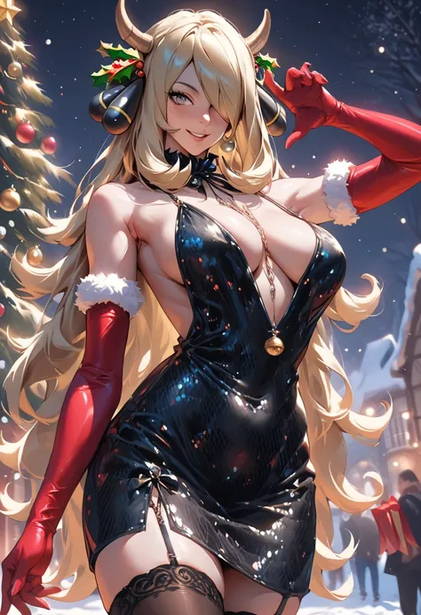 score_9, score_8_up, score_7_up, ,solo, 1girl, Cynthia from pokemon, black sequin dress, plunging neckline, smile, blush, elbow gloves, thighhighs, armpit, gravure pose, night, christmas, decorations, intricate details,
