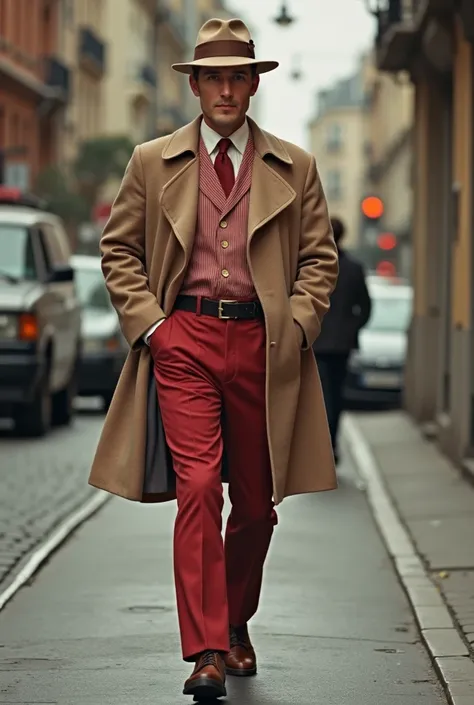 Un parigino anni 60 che indossa una giacca sbottonata color panna, pantalone color panna a tre quarti,calze a righe rosse chiare e rosse bordeaux, camicia rossa,cravatta larga in stile regimental bianca con la punta a righe rosse bordeaux e rosse chiare,sc...