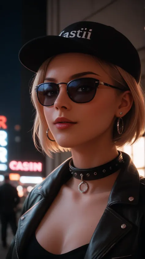 close-up do rosto, Alternative girl,  looking over black sunglasses, jacket, collar,  neon light reflections on the skin, earring, makeup,  skin imperfections ,  short hair, hat, neon light background , low light,  depth of field , highly detailed,  high c...