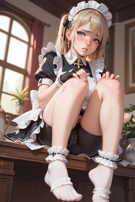 1 girl, Maid, sitting, ruffled socks , underneath, Solas, embarrassed,  bike shorts ,  pursed lips,  fingerless underwear ,  cross underwear ,  masterpiece ,  best quality,  uncensored