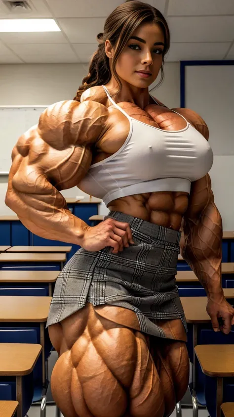 A super-realistic full-body depiction of a highly muscular woman. She resembles a professional bodybuilder with ultra-thick, voluminous, and well-defined leg muscles and a slim, sculpted waist. Her abdominal muscles are sharply defined, emphasizing her ath...