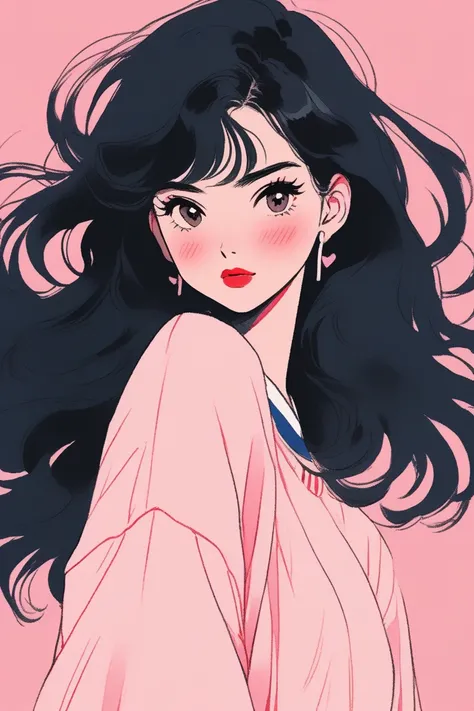    illustrator   ,  Japanese Manga   , healthy skin tone  ,   pink background、sketch ,    1 girl,Good woman   ,Red lips, Pink Cheeks、healthy、delicate,    long hair,    beautiful dark hair 、   cheerleader、  TEXTURED CROP, Canada, (masterpiece, top quality )