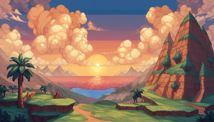 sunset view of beautiful colors on an island, pixel art, sunset, beatiful, background, good art,