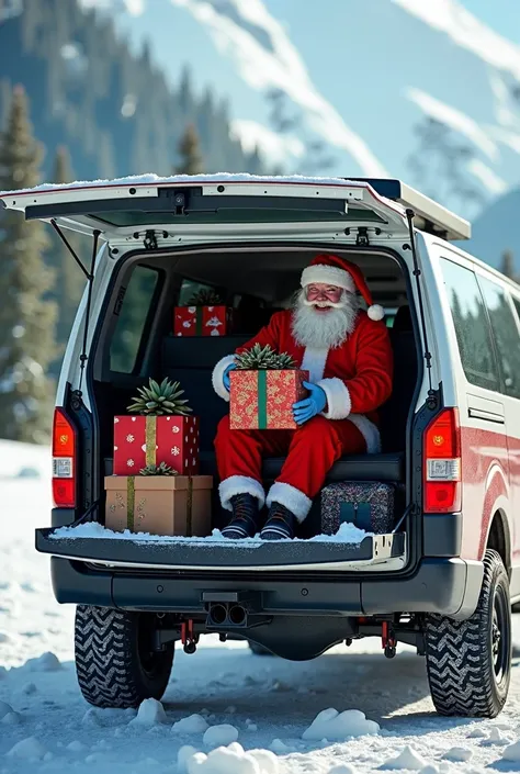 Santa Claus handing out off road 4x4 gifts in a Toyota 4x4 off road overlanding van