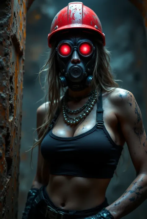 Charismatic woman with ,  charcoal stain turned black with a pickaxe in her hand ,  wearing gas mask,red hard hat and red neon mineral glasses that look like a red neon eye ,  with a charcoal stain on her face looks angrily at the camera in mine. High Reso...