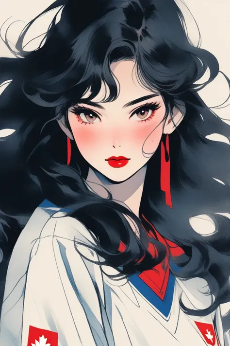    illustrator   ,  Japanese Manga   , healthy skin tone  ,  sketch ,    1 girl,Good woman   ,Red lips, Cheek、healthy、delicate,    long hair,    beautiful dark hair 、   cheerleader、  TEXTURED CROP, Canada, (masterpiece, top quality )